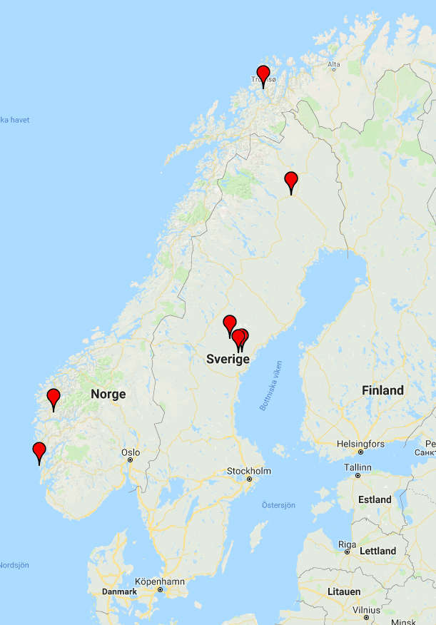 Karta över testade kvinnolinjer i Skandinavien tillhörande haplogrupp U5a2d
